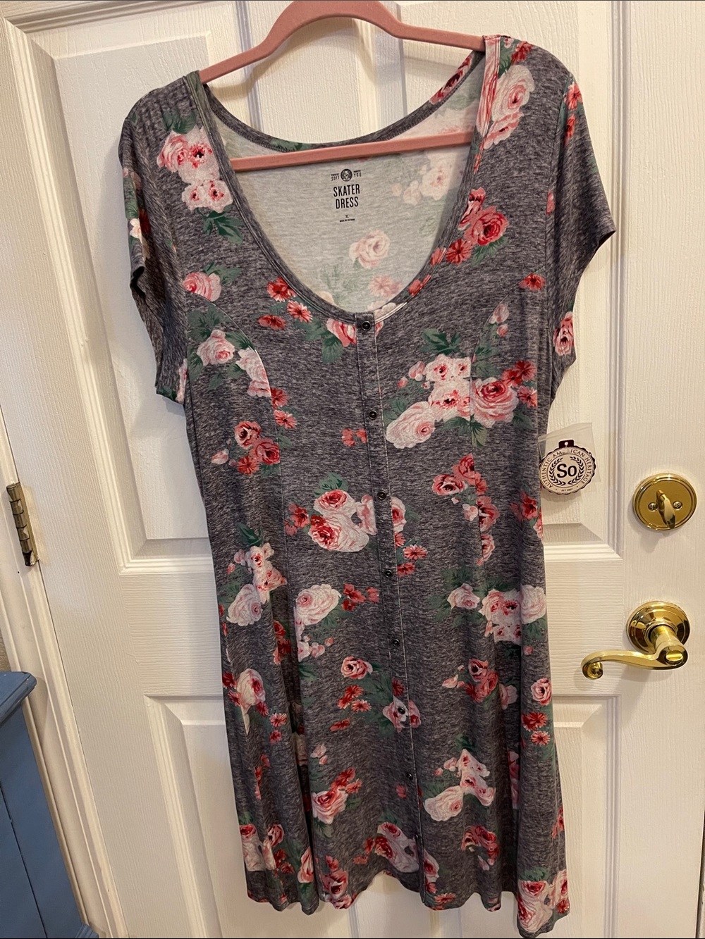 SO Authentic American Heritage Gray Floral Skater Dress with Pink Roses